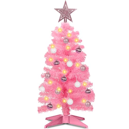 Pink 3ft Artificial Christmas Tree with 12 Modes Dual Color Lights and Ornaments - Variation Pink 2
