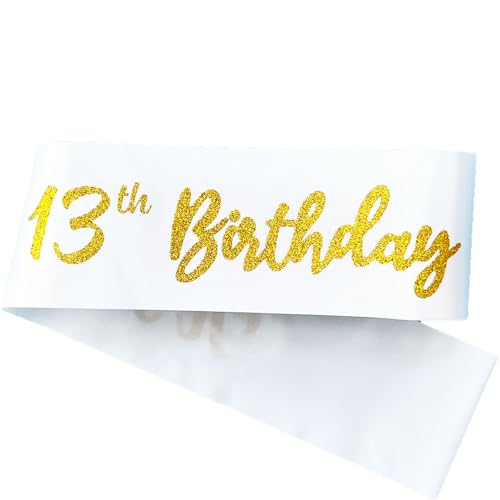 It's My 13th Birthday Satin Sash with Gold Glitter Letters White