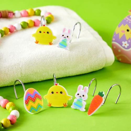 Yungyan 12 Pcs Easter Shower Curtain Hooks - Bunny, Chick & Egg Designs