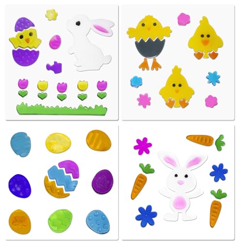 Easter Window Clings - 4Pcs Colorful Gel Stickers with Bunny, Egg & Carrot Designs