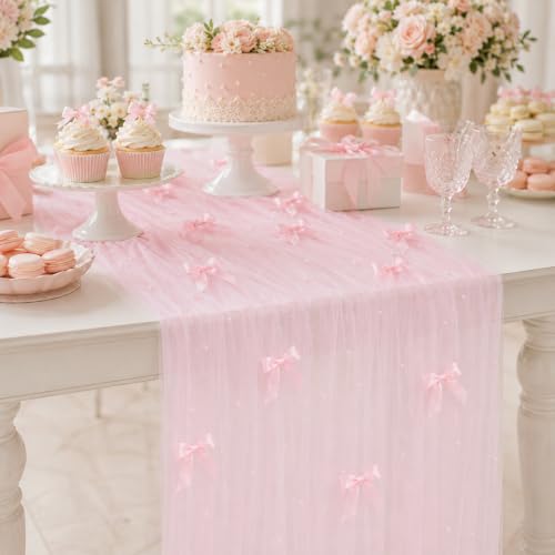 Pink Gauze Pearl Table Runner with Bow - 30x120 Inch for Weddings & Parties