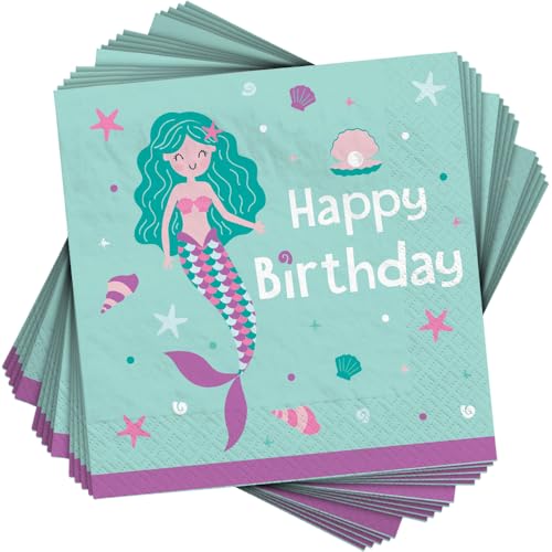Vibrant Mermaid Birthday Napkins - 16 Pack, 6.5" x 6.5"