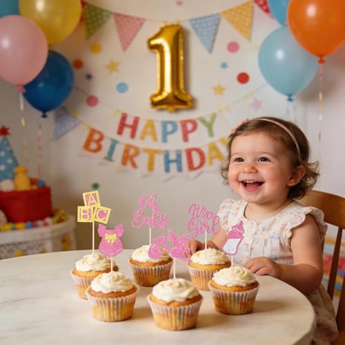 12 Rose Gold Glitter Cupcake Toppers for Baby Girl Shower