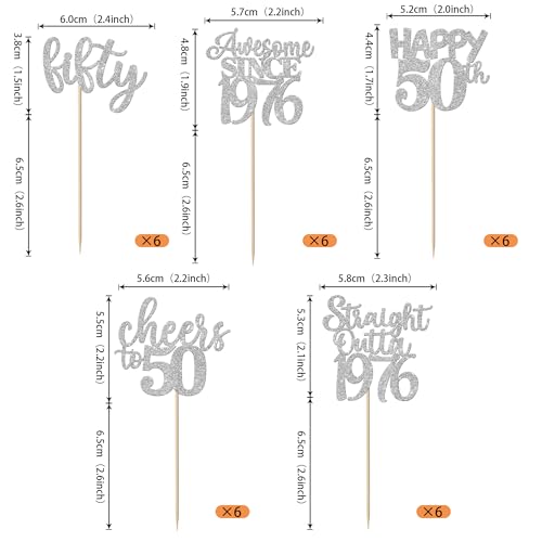 50th Birthday Cupcake Toppers Silver Glitter 30 Pack Cake Decorations
