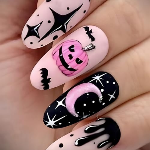 Halloween Press on Nails Medium Almond Fake Nails Matte Pumpkin Star Moon