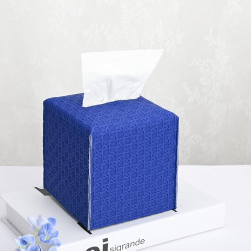 HOMOTEK Rattan Weave Blue Square PU Leather Tissue Box Cover 5x5x5 Inches
