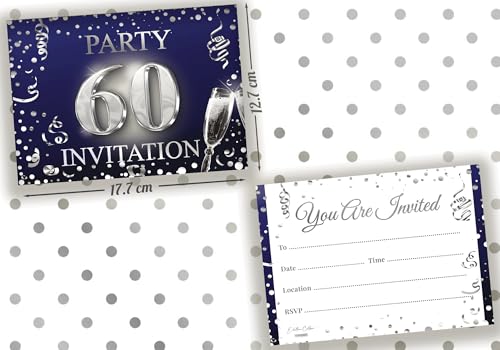 Elegant 60th Birthday Invitation Cards - Set of 10, Dark Blue & Silver