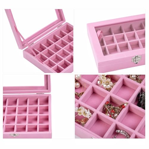 WINDAWNKE 24-Grid Jewelry Organizer Box, Pink Velvet Ring Display Tray