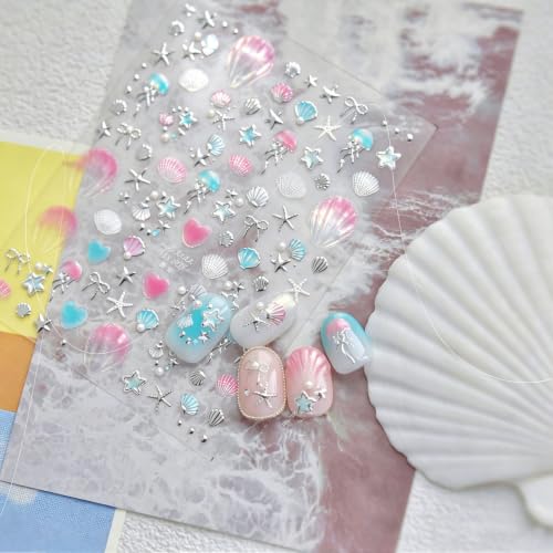5D Embossed Shell Nail Stickers Silvery Ocean Starfish Decals