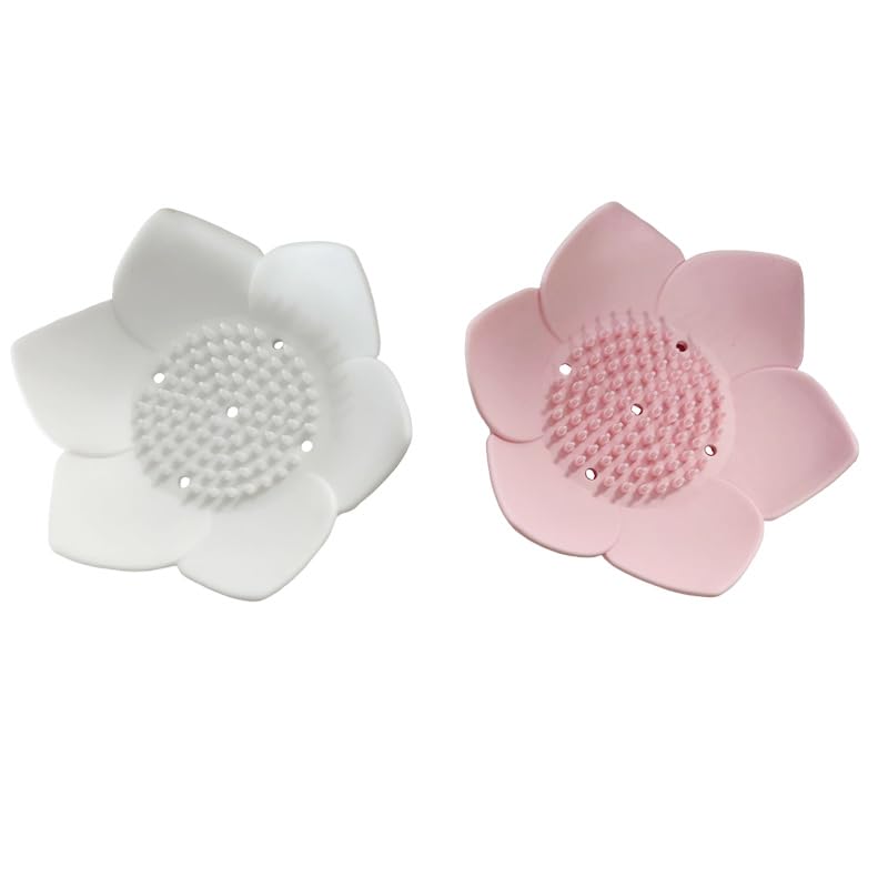 2-Pack Lotus Silicone Soap Dish Holder - Self-Draining Bathroom Accessory