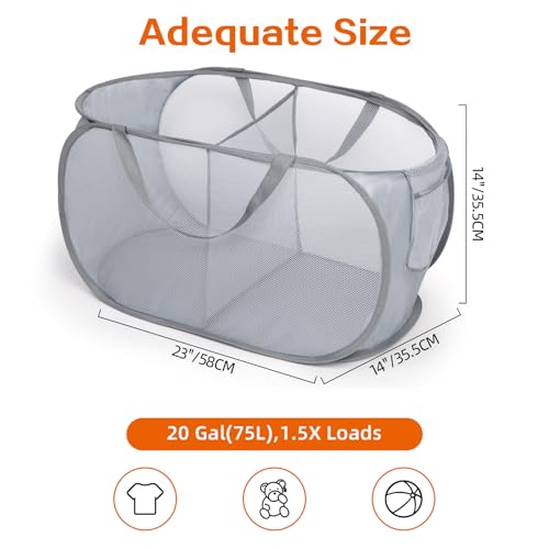Bemkoo 2 Compartments Collapsible Laundry Basket - Grey, Foldable & Durable for Dorm & Travel