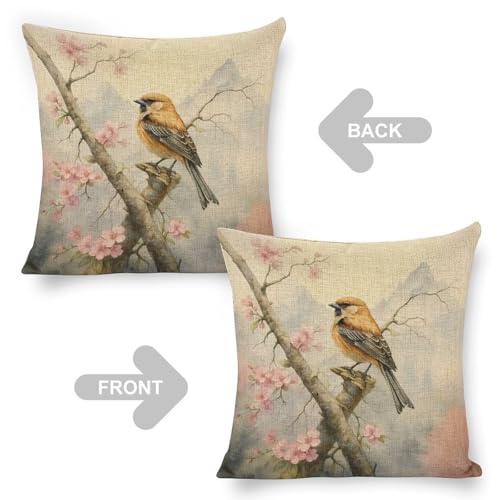 mydtiz Bird on Branch Throw Pillow Cover 18x18 Linen Cushion Case