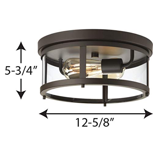 Progress Lighting Gunther Collection 2-Light Clear Glass Farmhouse Outdoor Flush Mount Light Antique Bronze, 5.75x12.63x12.63