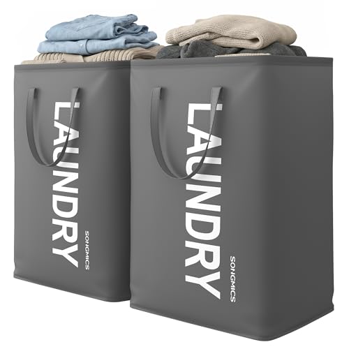 SONGMICS Laundry Hamper, 80L Foldable Basket, Slate Gray, 2 Pack