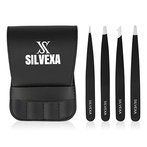 SILVEXA 4-in-1 Stainless Steel Precision Tweezers Set for Eyebrows and Ingrown Hair