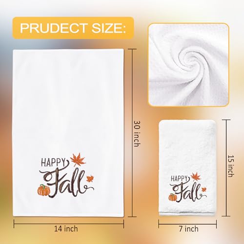 Fall Hand Towels Set of 2 - Pumpkin Embroidered Kitchen & Bath Towels, 14x30 Inches