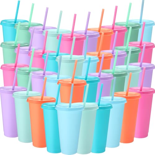 Honeydak 60 Pack Plastic Cups with Lids & Straws, Macaron Color - 24-27oz