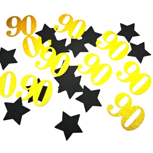 Gold 90th Birthday Confetti - 60 PCS Black Star & Number Decorations