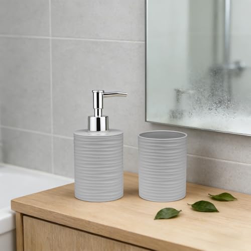 Gray Bathroom Set with Ripple Texture Soap Dispenser & Toothbrush Holder