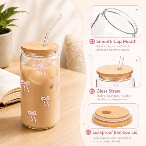 Mikopei Pink Bow Glass Cup with Lid & Straw - 16 oz Iced Coffee Tumbler