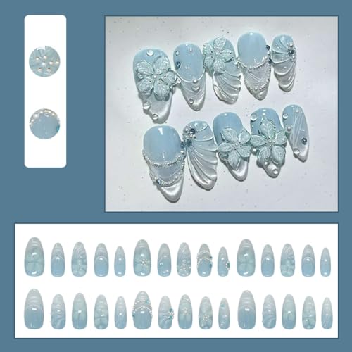 Blue Floral Press on Nails Medium Almond Fake Nails with Rhinestone