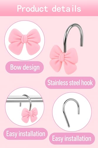 Pink Bow Shower Curtain Hooks - Set of 12 Cute Resin Bathroom Decor
