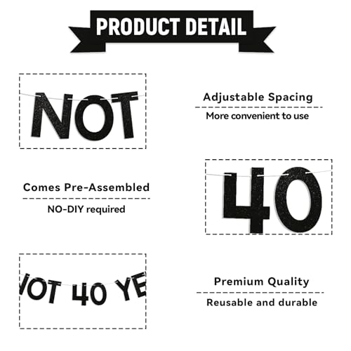 Not 40 Yet Banner - Black Glitter 39th Birthday Party Decor
