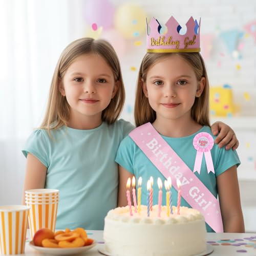 Pink Birthday Girl Crown and Sash Set for Girls | Party Accessories