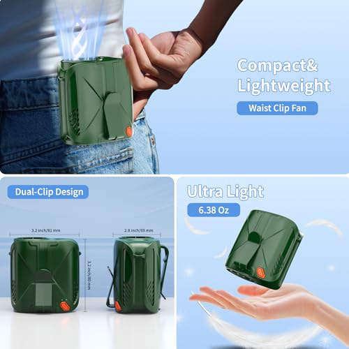 GEHEN Green Portable Waist Fan - Rechargeable 31H Clip-On & Neck Fan