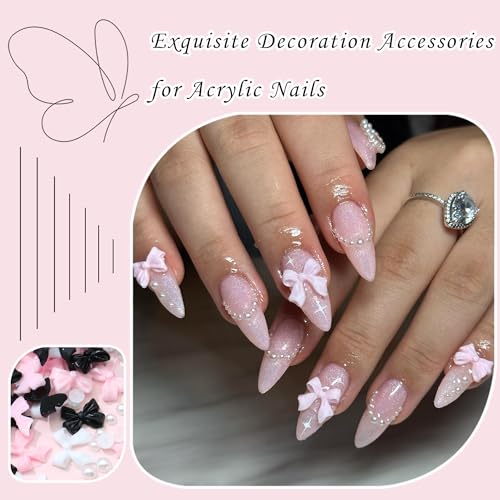 3D Bow Nail Charms and Flatback Pearls Set with Tweezers (300 Pcs)