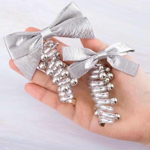 SmallCat 2PCS Bow Spiral Hair Ties with Beads Artificial Pearl Phone Cord Hair Bands