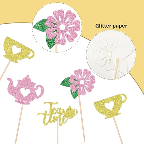 12PCS Elegant Tea Party Cupcake Toppers Set - Glitter Teapot & Teacup