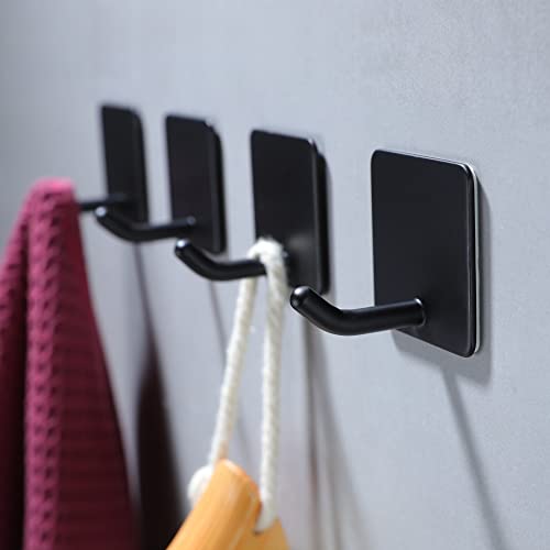 YIGII Adhesive Towel Hooks, Matte Black Stainless Steel Wall Hooks (4 Pack)