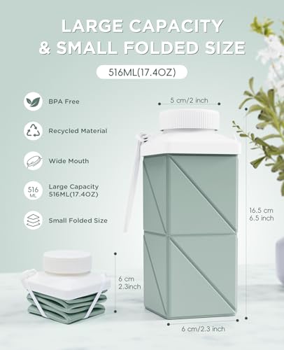 Collapsible Water Bottle 17.4oz - Lightweight & Leakproof Travel Bottle - Sage Green