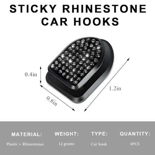 ZNDAW Black Rhinestone Car Mini Hooks - 4 PCS Adhesive Hangers for Storage