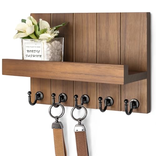 Rebee Vision Rustic Wood Key Holder Wall Mount with Shelf - 10 Inch, Brown