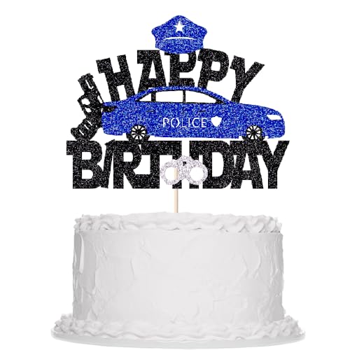 Black Glitter Police Car & Officer Cake Topper - Kids Birthday Party