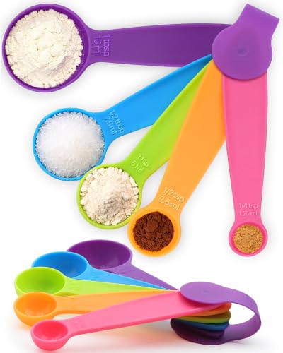 leepiya Measuring Spoons Set of 5, Color Coded Plastic with Fade-Proof Raised Markings