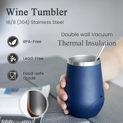 MEWAY 12oz Stainless Steel Wine Tumbler with Lid & Straw - Vacuum Insulated Travel Cup