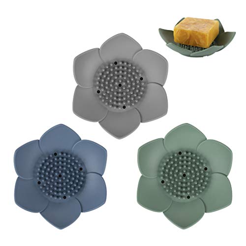 ReignSword Lotus Silicone Soap Dish Holder - 3 Pack (Blue, Green, Grey)
