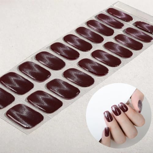 WOKOTO Burgundy Cat-Eye Semi-Cured Gel Nail Strips UV Wraps 20 Pcs