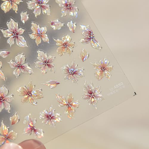 5D Pink Flower Nail Stickers Embossed Floral Nail Art Decals DIY Manicure