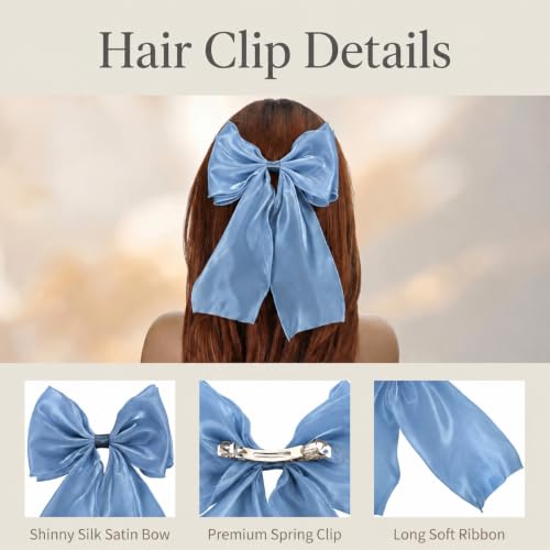 Large Blue Hair Bow Clip with Long Tails for Women and Girls