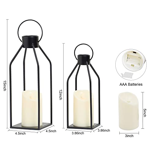 15-Inch and 12-Inch Black Metal Lanterns with Flickering LED Candles - Farmhouse Decor Set