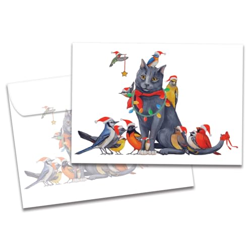Whimsical Bird and Cat Christmas Cards - Eco-Friendly Recycled 10 Pack