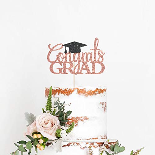Congrats Grad Cake Topper - Rose Gold Glitter for 2026 Graduation