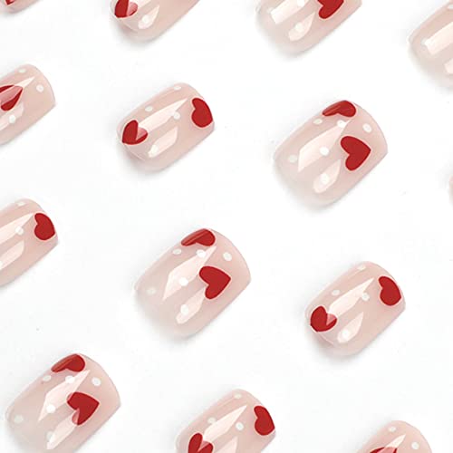Valentine's Day Short Square Press On Nails Glossy Red Heart Acrylic Fake Nails