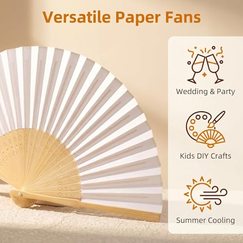 12-Pack 8.3 Inch White Paper Hand Fans for Weddings & Parties