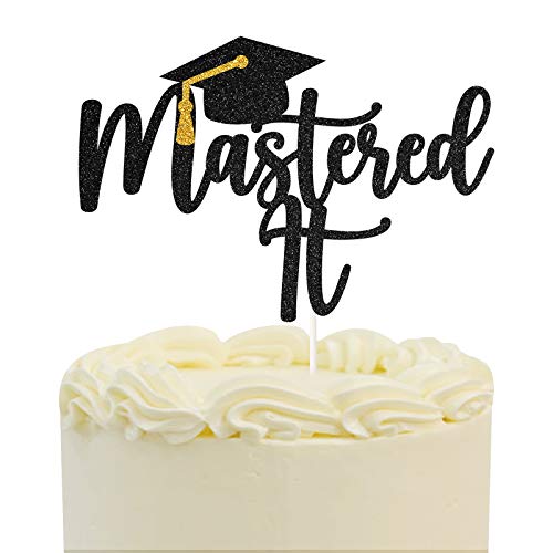 Black Glitter 'Mastered It' Cake Topper for Graduation Party