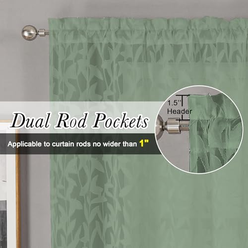 Sage Green Sheer Curtains - Jacquard Leaf Textured 2 Panels 28" W x 16" L